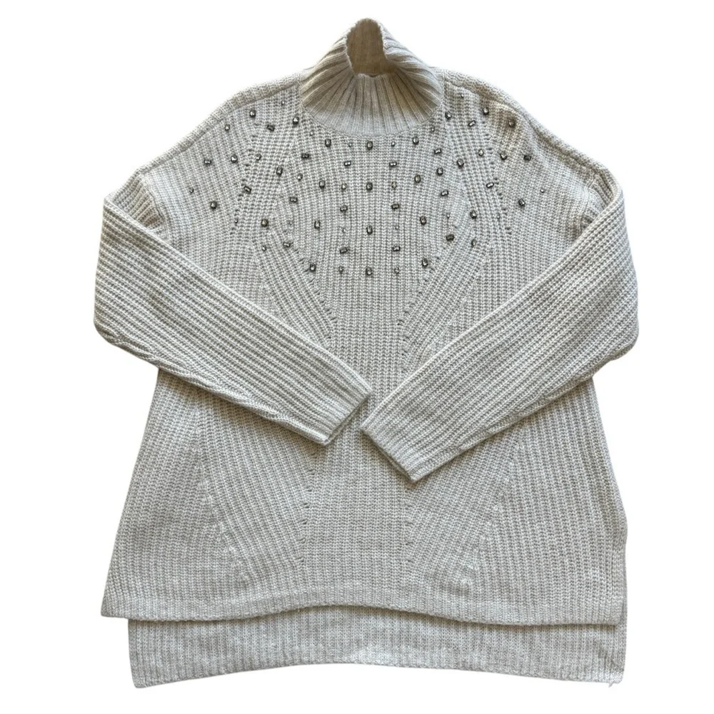 Lane Bryant Plus 22/24 Ivory Bejeweled Mock Neck Sweater Pullover Knit Holiday